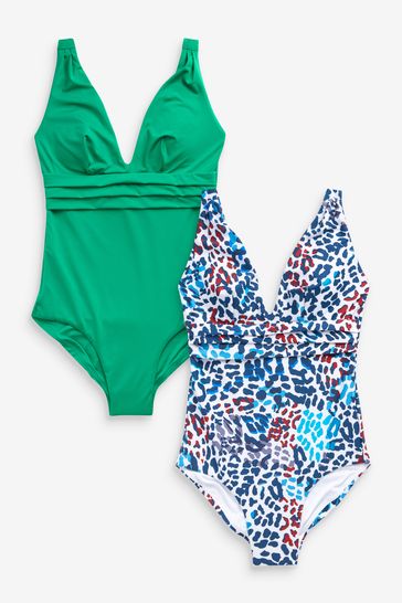 Green/White Animal 2 Pack Tummy Control Plunge Swimsuits