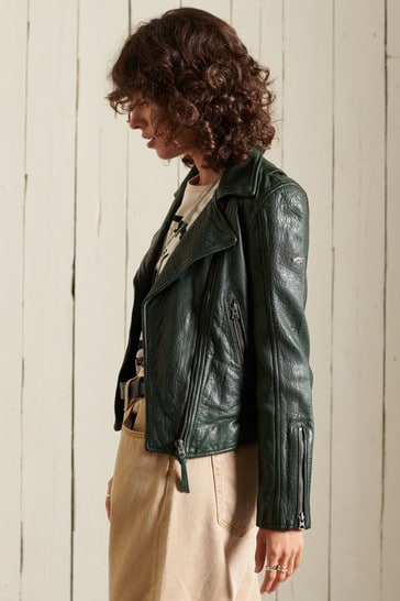 Superdry Green Classic Leather Biker Jacket