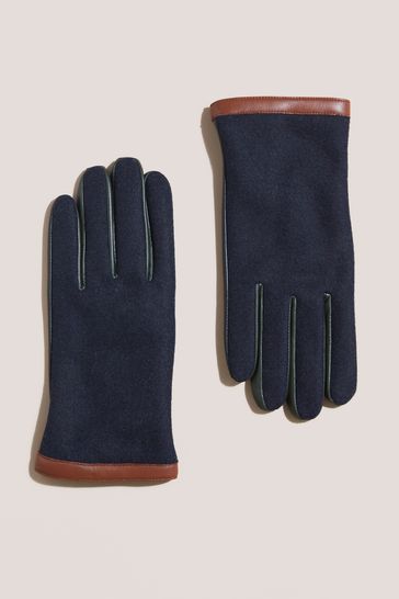 White Stuff Blue Lucas Leather Wool Mix Gloves