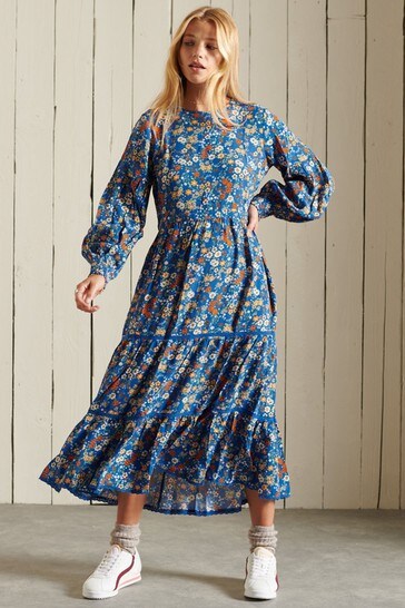 Superdry Blue Woven Long Sleeved Ditsy Midi Dress