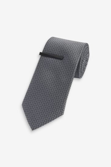 Charcoal Grey Textured Tie With Tie Clip