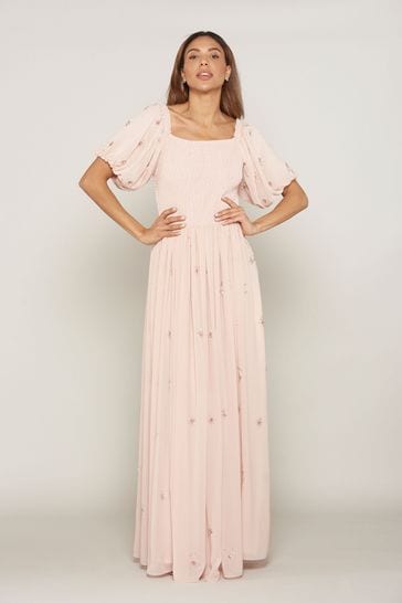 Frock and Frill Pink Embellished Puffed Sleeves And Shirred Bodice Maxi Dress