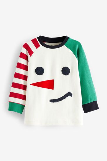 Red/Green Snowman Long Sleeve Christmas T-Shirt (3mths-7yrs)