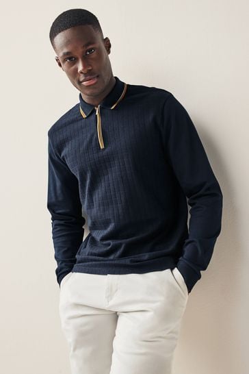 Buy Navy Blue Textured Long Sleeve Polo Shirt from Next Luxembourg