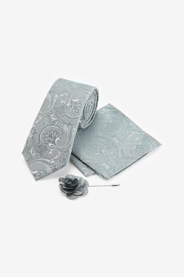 Sage Green Paisley Wide Tie With Pocket Square And Lapel Pin Set