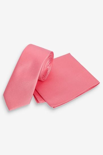 Coral Pink Slim Silk Tie And Pocket Square Set