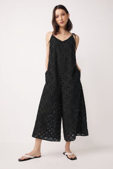 Black Broidery Wide Leg Strappy Jumpsuit