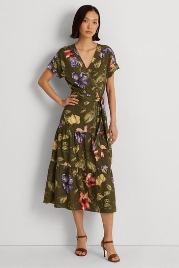 Lauren Ralph Lauren Khaki Green Floral Druniper Wrap Maxi Dress