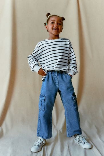 Buy Mid Blue Denim - Wide Leg 100% Cotton Cargo Trousers (3
