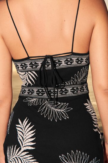 Black Embroidered Palm Sleeveless Strappy Mini Dress
