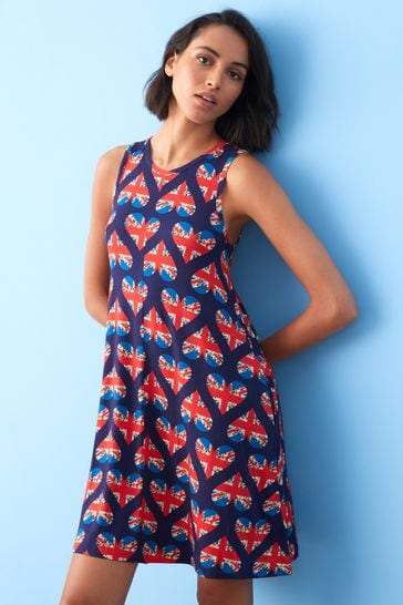 Navy Blue Union Jack Heart Sleeveless Swing Coronation Summer Dress