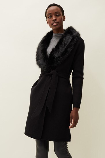 Black Edessa Fur Collar Wrap Coat, Women S Black Coat With Fur Collar Uk