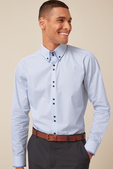 Blue Geometric Print Regular Fit Single Cuff Trimmed Double Collar Shirt