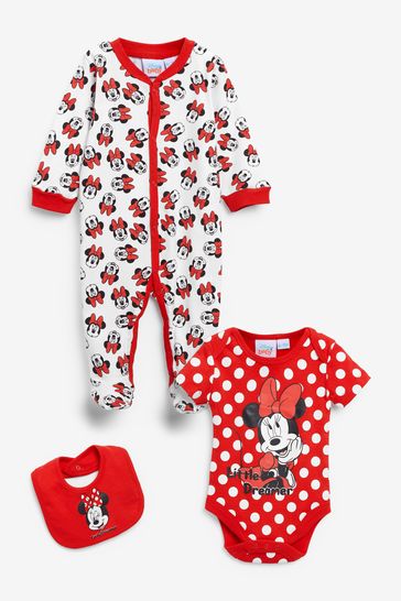 Disney Red Minnie Mouse Sleepsuit Bodysuit And Bib Set