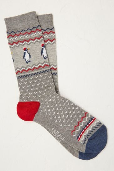 FatFace Grey Penguin Fairisle Pattern Socks