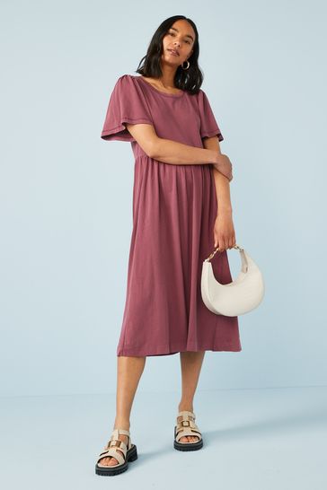 Washed Berry Red Jersey Swing Midi Dress
