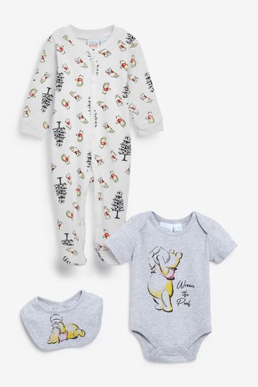 Disney White Winnie The Pooh Sleepsuit Bodysuit And Bib Set