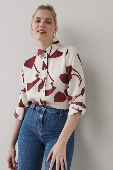 Cream/Red Satin Floral Pocket Shirt