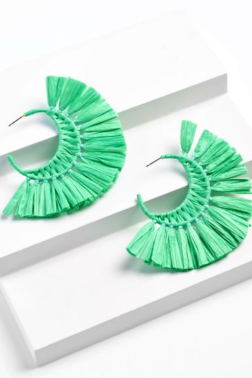 Green Raffia Fan Statement Earrings