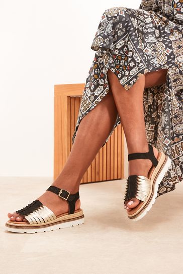 Black/Gold Forever Comfort® Leather Twist Flatform Sandals