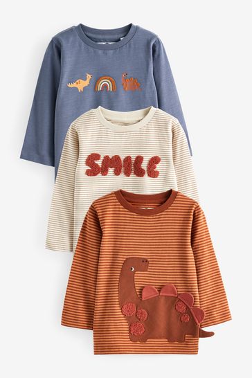 Rust Brown Smile Dino 3 Pack Long Sleeve Character T-Shirts (3mths-7yrs)