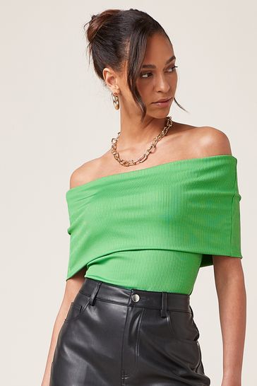 Green Ribbed Bardot Top