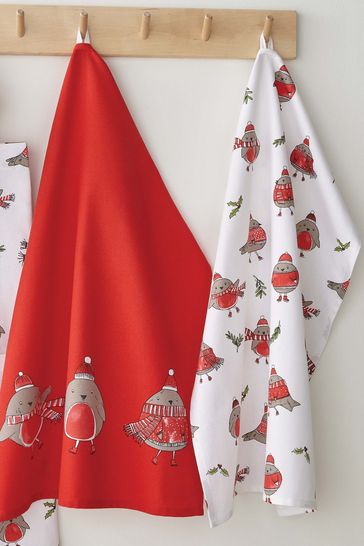 Catherine Lansfield Set of 2 Red Christmas Robins Tea Towels