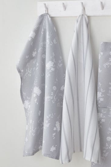 Catherine Lansfield Set of 4 Grey Meadowsweet Floral Tea Towels