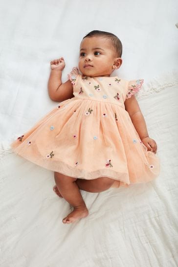 Buy Peach Pink Emroidered Baby Mesh Party Dress from Next Poland