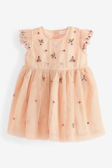 Peach Pink Emroidered Baby Mesh Party Dress