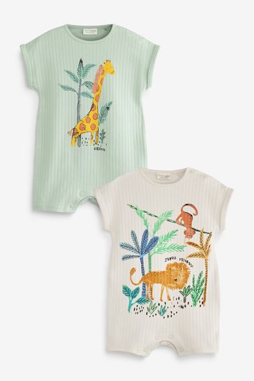 Green/White Jungle Animal 2 Pack Baby Rompers
