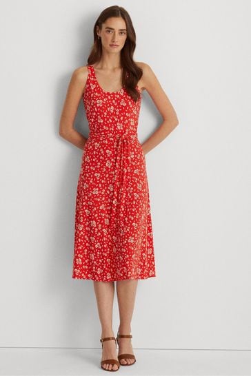 Lauren Ralph Lauren Womens Red Floral Zawato Sleeveless Dress