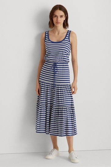 Lauren Ralph Lauren Womens Blue Stripe Adalynn Sleeveless Midi Dress