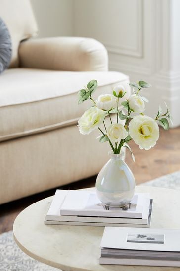 White Artificial Flowers in Pearlescent Glass Vase