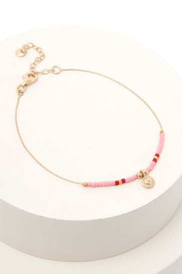 Gold Gold Plated Sterling Silver Delicate Pink Bead Bracelet With Heart Detail