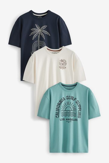 California Navy Blue/Ecru/Green Graphic T-Shirts 3 Pack