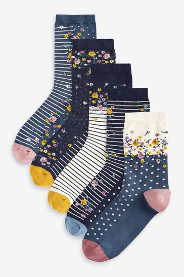 Blue Floral Pattern Ankle Socks 5 Pack