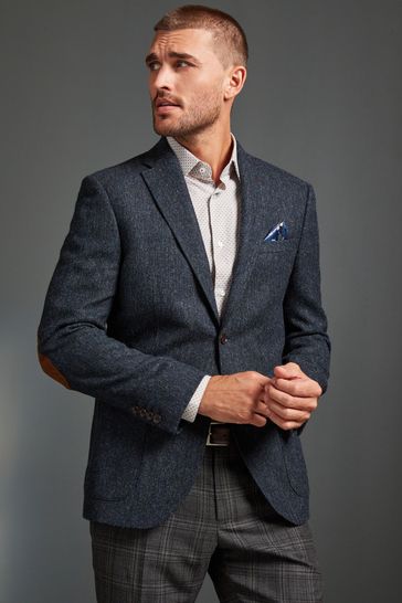 Navy Blue Signature Moons British Wool Textured Blazer With Elbow Patches