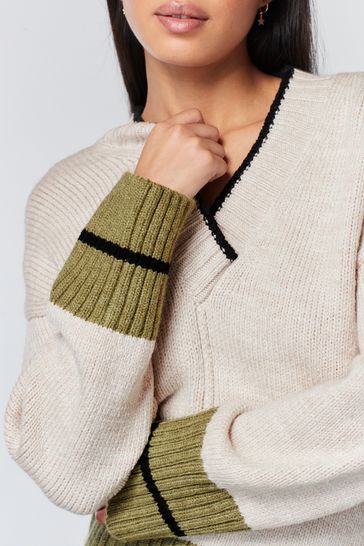 Buy Ecru Cream Olive Green V Neck Jumper from Next Luxembourg