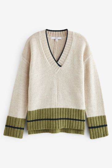 Buy Ecru Cream Olive Green V Neck Jumper from Next Luxembourg