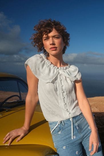 White ruffle bardot top online