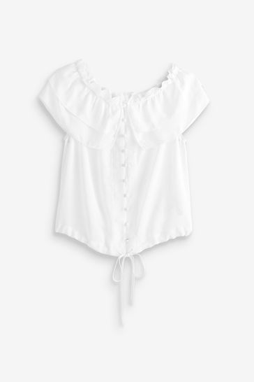 white ruffle bardot top