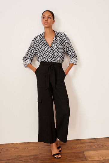 Black Belted Wide Leg Utility Cargo Trousers