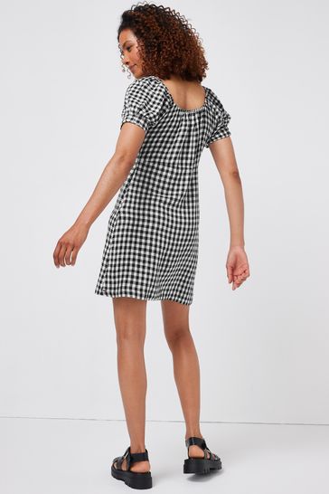 Buy Black White Gingham Linen Mix Volume Sleeve Mini Dress from