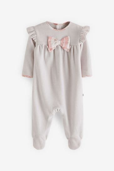 Grey Check Bow Baby Velour Sleepsuit