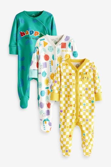 Green/Yellow Bright Rainbow Print 3 Pack Baby Footless Sleepsuits (0mths-3yrs)