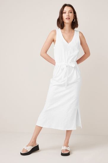 White Sleeveless Slub Midi Summer Dress