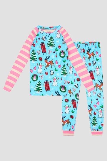 Girls Cabin Christmas Organic Cotton Pyjamas In Blue