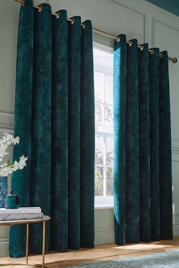 Hyperion Teal Blue Selene Luxury Chenille Weighted Eyelet Curtains