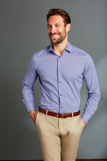 Blue Navy Gingham Regular Fit Double Cuff Signature Shirt With Trim Detail